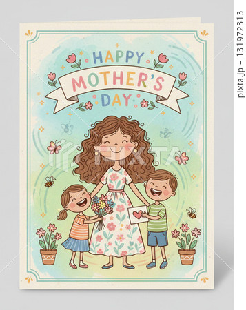 Mother's Day card featuring a cheerful illustration of a woman with two children Mother's Day card featuring a cheerful illustration of a woman with two children 131972313