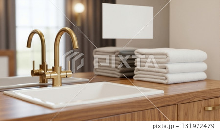 Modern bathroom vanity with a gold faucet and white sink. Folded towels on a wooden countertop with a blank card mockup for copy space. Luxury home interior design concept 131972479