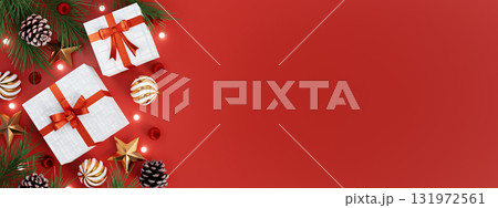 Christmas festive decorations with presents and ornaments. 3D render illustration Christmas festive decorations with presents and ornaments. 3D render illustration 131972561