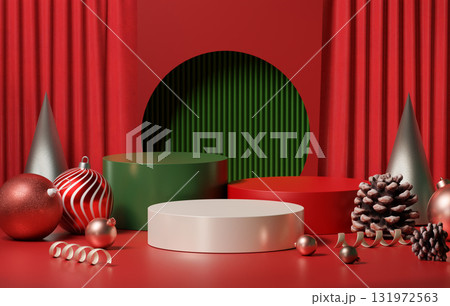 Christmas themed display featuring colorful ornaments and elegant backdrop. 3D render illustration Christmas themed display featuring colorful ornaments and elegant backdrop. 3D render illustration 131972563