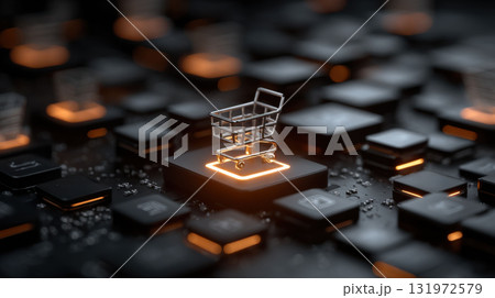 Glowing shopping cart icon on digital circuit board symbolizes futuristic online shopping 131972579