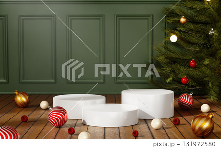 Christmas joyful atmosphere with white circular pedestals and ornaments. 3D render illustration 131972580