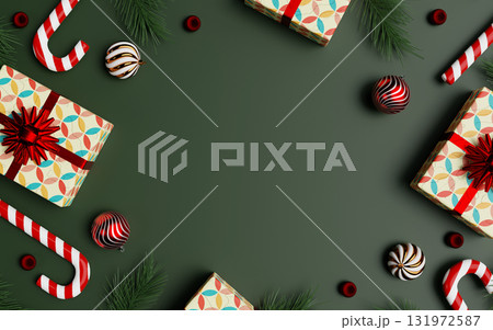 Christmas gift boxes and decorations arranged beautifully. 3D render illustration Christmas gift boxes and decorations arranged beautifully. 3D render illustration 131972587