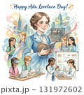 Celebrating Ada Lovelace Day, this illustration features a woman in Victorian attire, symbolizing Ada Lovelace, holding a book. Around her, young girls engage in STEM activities 131972602