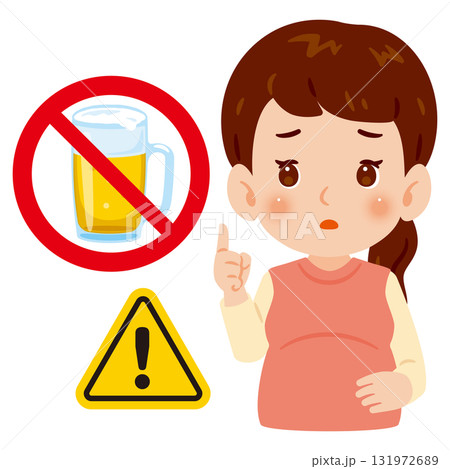 妊婦さんとアルコールの禁止マーク 上半身イラスト 妊婦さんとアルコールの禁止マーク 上半身イラスト 131972689