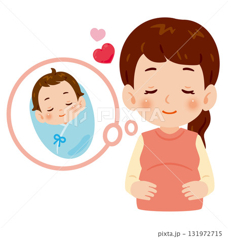 お腹に手を当てた妊婦さんと胎内の赤ちゃん　上半身イラスト 131972715