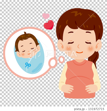 お腹に手を当てた妊婦さんと胎内の赤ちゃん　上半身イラスト 131972715