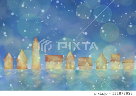 雪が舞い降る幻想的な冬の街並みの風景。水彩イラスト背景。 雪が舞い降る幻想的な冬の街並みの風景。水彩イラスト背景。 131972955