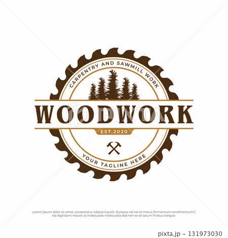 Wood template saw premium logo design with vintage carpentry tools.Logo for business, carpentry, lumberjack, label, badge. 131973030