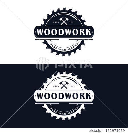 Wood template saw premium logo design with vintage carpentry tools.Logo for business, carpentry, lumberjack, label, badge. Wood template saw premium logo design with vintage carpentry tools.Logo for business, carpentry, lumberjack, label, badge. 131973039