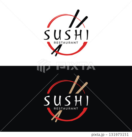 Japanese food sushi logo design with crossed chopsticks. Logo for restaurant, business, bar. 131973151