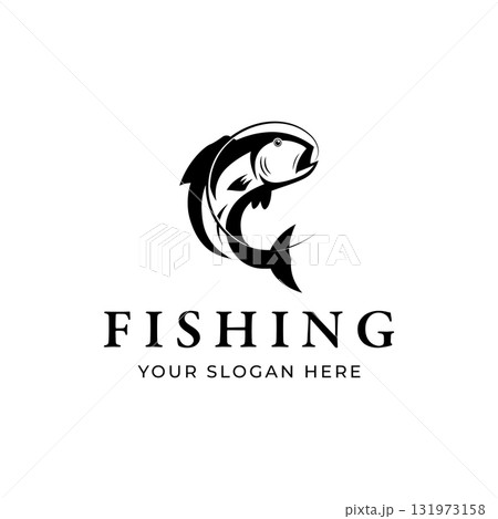 Fishing club Logo design with creative angler and jumping fish. 131973158