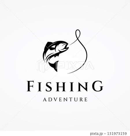 Fishing club Logo design with creative angler and jumping fish. 131973159