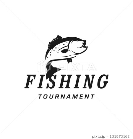 Fishing club Logo design with creative angler and jumping fish. Fishing club Logo design with creative angler and jumping fish. 131973162