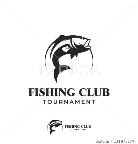 Fishing club Logo design with creative angler and jumping fish. 131973174