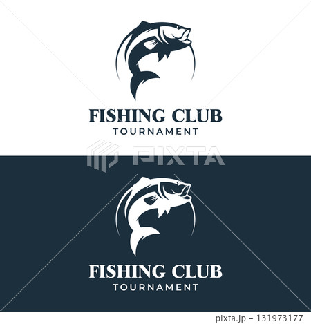 Fishing club Logo design with creative angler and jumping fish. Fishing club Logo design with creative angler and jumping fish. 131973177