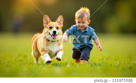 A cheerful child runs on the grass, chasing a happy corgi dog in a vibrant park. The sun shines down, creating a lively atmosphere filled with laughter and fun. 131973388
