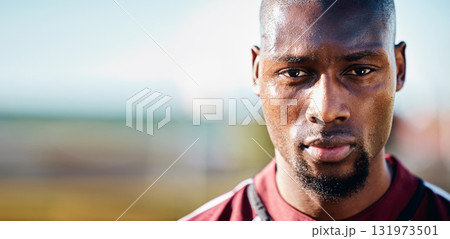 Black man, athlete and face with focus, sport and fitness outdoor with mockup space, sweat and determined. Portrait, exercise and sports with training, mindset and motivation with workout in Jamaica 131973501