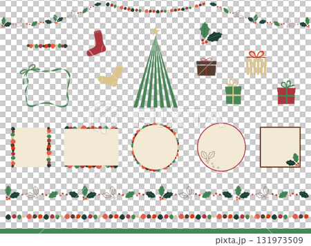 色彩繽紛、時尚的聖誕框架、線條和裝飾插圖集 131973509
