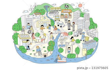 暮らしと街のイラスト／人々の生活・地域社会・サステナブルな街づくり 131973605