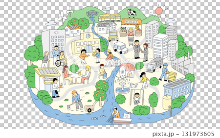 暮らしと街のイラスト／人々の生活・地域社会・サステナブルな街づくり 131973605