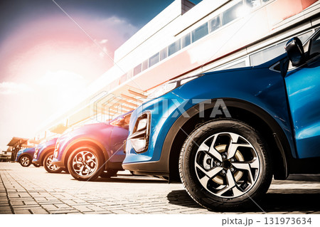 Blue Family business spotrs hatchback Car on sunset. Business success concept 131973634