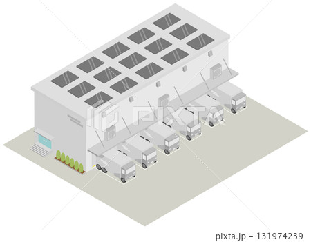 (アイソメトリック)中規模 物流倉庫の建物イラスト、大型トラックドックと太陽光パネル 131974239