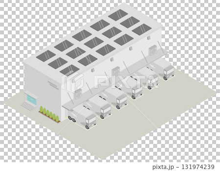 (アイソメトリック)中規模 物流倉庫の建物イラスト、大型トラックドックと太陽光パネル 131974239