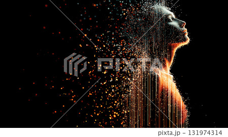 Digital human silhouette dissolving into data streams 131974314