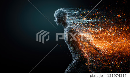 digital human silhouette dissolves into data streams digital human silhouette dissolves into data streams 131974315