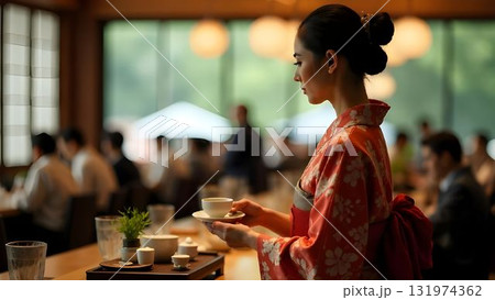Japanese woman in kinomo costume participates in tea ceremony Japanese woman in kinomo costume participates in tea ceremony 131974362