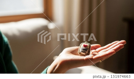 A woman holding a handmade pocket hug token in her hand. A thoughtful gift for love, comfort, and support. Mental health and friendship concept A woman holding a handmade pocket hug token in her hand. A thoughtful gift for love, comfort, and support. Mental health and friendship concept 131974663