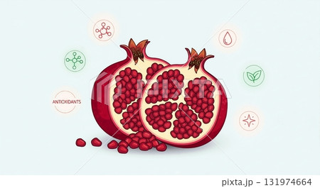Pomegranate fruit illustration with health benefit icons. Healthy food and nutrition concept with antioxidants. Vector graphic for wellness and skincare topics Pomegranate fruit illustration with health benefit icons. Healthy food and nutrition concept with antioxidants. Vector graphic for wellness and skincare topics 131974664