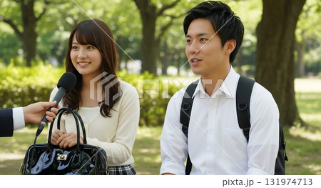 街頭インタビューを受けるカップル・公園 街頭インタビューを受けるカップル・公園 131974713