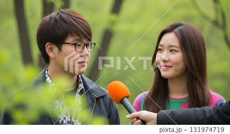 街頭インタビューを受けるカップル・公園 131974719