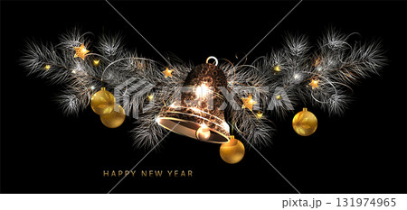 Merry Christmas. Isolated composition of a golden bell and fir tree branches Merry Christmas. Isolated composition of a golden bell and fir tree branches 131974965