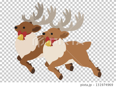 Cute vector illustration of reindeer wearing Christmas ribbons running in a line 131974969