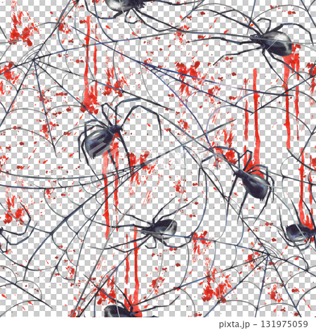 Spiders on cobweb with Blood splatters and stains seamless pattern. Hand drawn watercolor illustration scary bloody spiderweb for Halloween fabric, Isolated from background for packaging, scrapbooking Spiders on cobweb with Blood splatters and stains seamless pattern. Hand drawn watercolor illustration scary bloody spiderweb for Halloween fabric, Isolated from background for packaging, scrapbooking 131975059