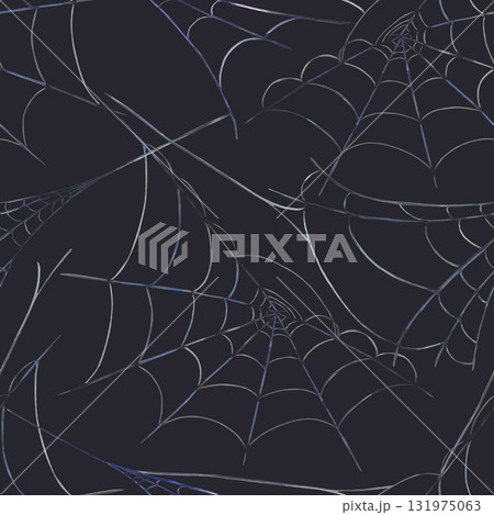 Spider web with thin threads forming a natural cobweb seamless pattern. Hand drawn watercolor illustration in grey and black color on isolated dark background for Halloween fabric, wallpaper, biology. 131975063