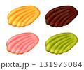 貝殻型のマドレーヌ4フレーバー  横置き  プレーン チョコレート  イチゴ  ピスタチオ  抹茶 131975084
