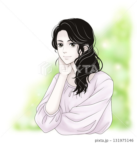 頬杖をついて微笑む女性のイラスト 131975146