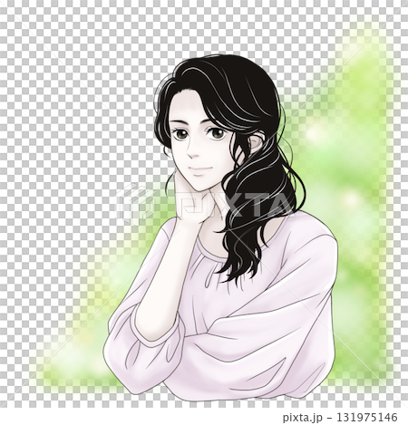 頬杖をついて微笑む女性のイラスト 131975146