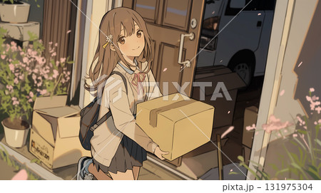 春の引っ越しの日、玄関先で笑顔を見せる少女のアニメイラスト 131975304