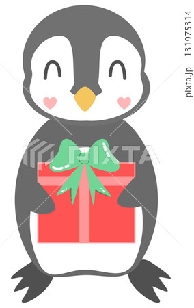 Cute Penguin Holding a red and green Gift Box, created by hand drawn Cute Penguin Holding a red and green Gift Box, created by hand drawn 131975314