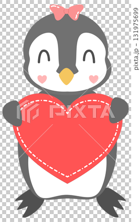 Cute Penguin Holding a blank Red Heart label, created by hand drawn 131975699