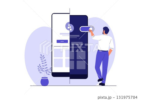 Illustration of Dark Mode versus Light Mode App Setting Illustration of Dark Mode versus Light Mode App Setting 131975784