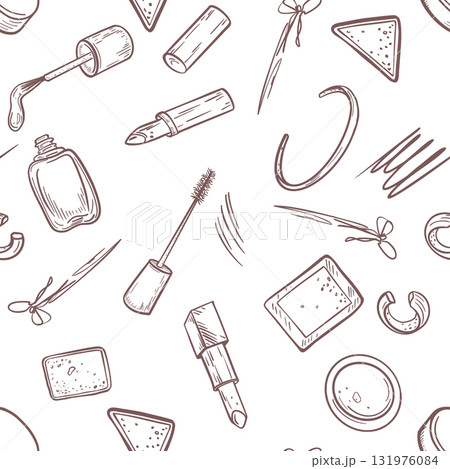 Makeup and Jewelry vector Seamless Pattern Black White. Hand drawn repeat with outline mascara, blush, lipstick and bracelets in linear art. Monochrome print for cosmetic branding, packaging. 131976084