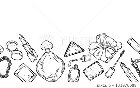 Makeup products and fragrance repeating background black white vector. Mascara, eyeshadow palettes, jewelry accessories and ribbon gift boxes line art. Cosmetics outline hand drawn on seamless border. Makeup products and fragrance repeating background black white vector. Mascara, eyeshadow palettes, jewelry accessories and ribbon gift boxes line art. Cosmetics outline hand drawn on seamless border. 131976089