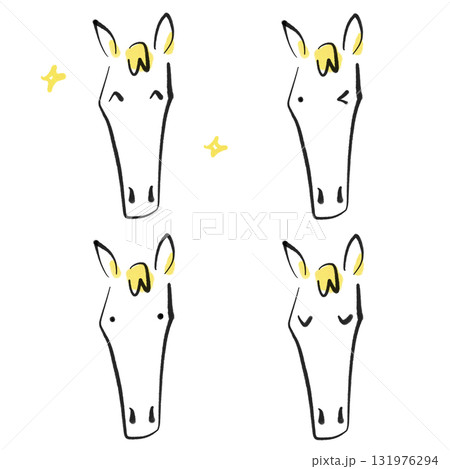 シンプルな白馬の顔の表情セット　墨絵・嬉しい・真顔・ウインク・目を閉じる 131976294