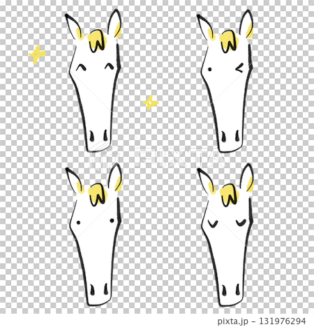 シンプルな白馬の顔の表情セット　墨絵・嬉しい・真顔・ウインク・目を閉じる 131976294